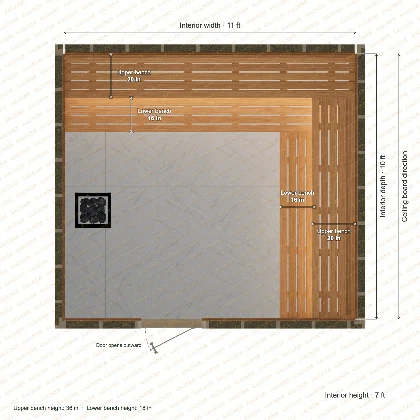 11 × 10 × 7 ft indoor sauna with upper & lower l-shaped benches, clear cedar top plan with room and bench dimensions