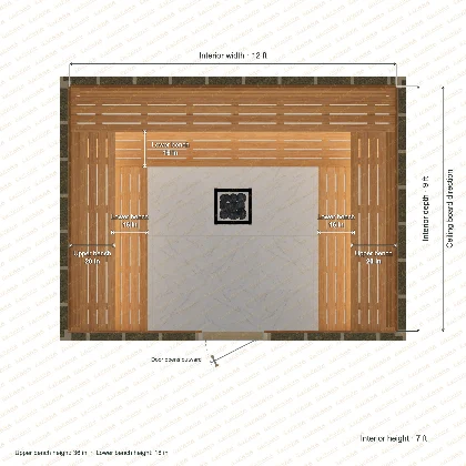 12 × 9 × 7 ft indoor sauna with u-shaped benches, clear cedar top plan with room and bench dimensions