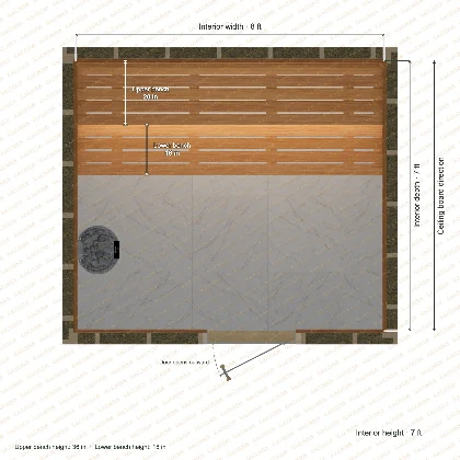 8 × 7 × 7 ft indoor sauna with straight benches, clear cedar top plan with room and bench dimensions