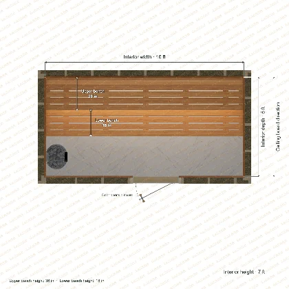 10 × 5 × 7 ft indoor sauna with straight benches, clear cedar top plan with room and bench dimensions