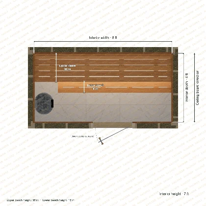 8 × 4 × 7 ft indoor sauna with straight benches, clear cedar top plan with room and bench dimensions
