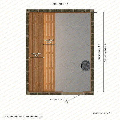 7 × 9 × 7 ft indoor sauna with straight benches, clear cedar top plan with room and bench dimensions