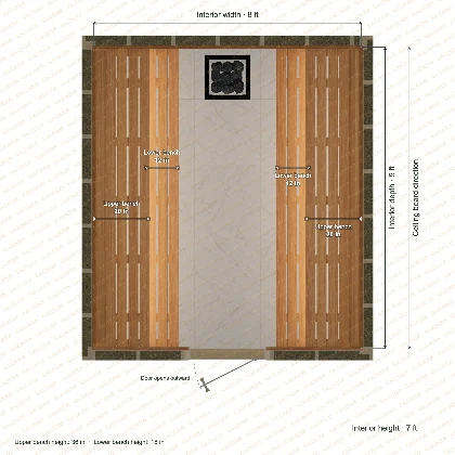 8 × 9 × 7 ft indoor sauna with opposing side benches, clear cedar top plan with room and bench dimensions