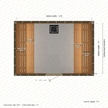 12 × 8 × 7 ft indoor sauna with opposing side benches, clear cedar top plan with room and bench dimensions