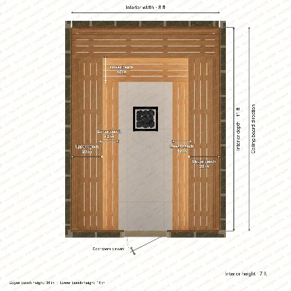8 × 11 × 7 ft indoor sauna with u-shaped benches, clear cedar top plan with room and bench dimensions