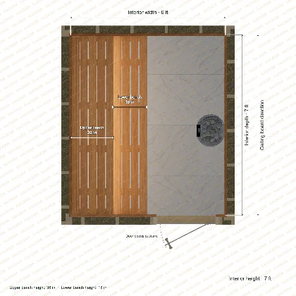 6 × 7 × 7 ft indoor sauna with straight benches, clear cedar top plan with room and bench dimensions