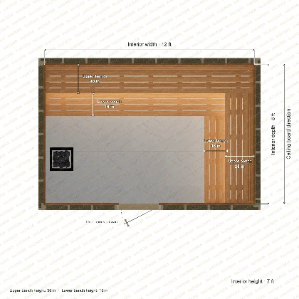 12 × 8 × 7 ft indoor sauna with upper & lower l-shaped benches, clear cedar top plan with room and bench dimensions