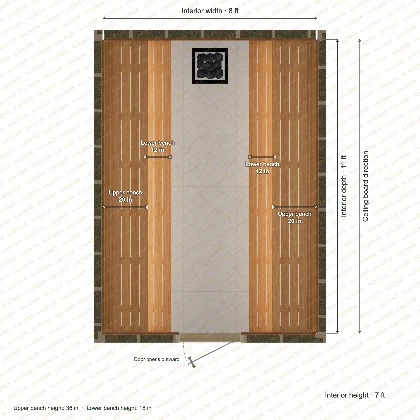 8 × 11 × 7 ft indoor sauna with opposing side benches, clear cedar top plan with room and bench dimensions
