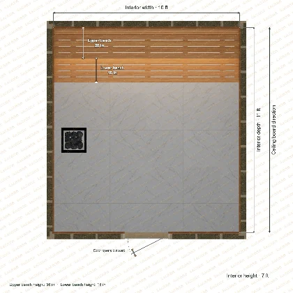 10 × 11 × 7 ft indoor sauna with straight benches, clear cedar top plan with room and bench dimensions