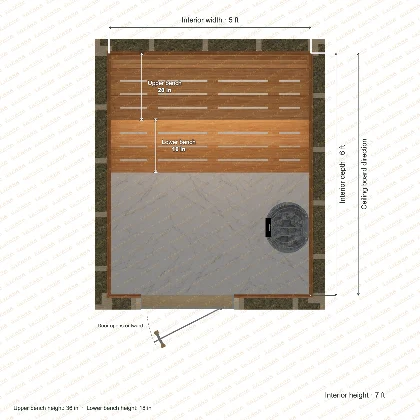 5 × 6 × 7 ft indoor sauna with straight benches, clear cedar top plan with room and bench dimensions