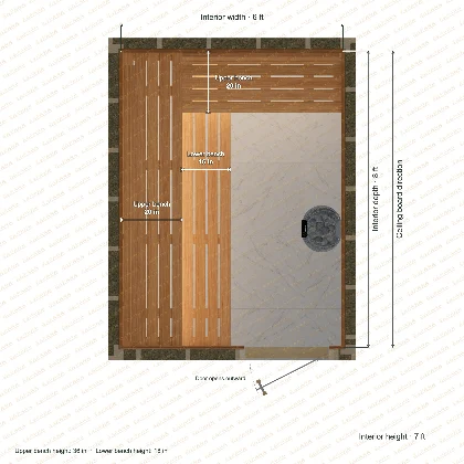 6 × 8 × 7 ft indoor sauna with upper l-shaped benches, clear cedar top plan with room and bench dimensions