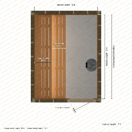 6 × 8 × 7 ft indoor sauna with straight benches, clear cedar top plan with room and bench dimensions