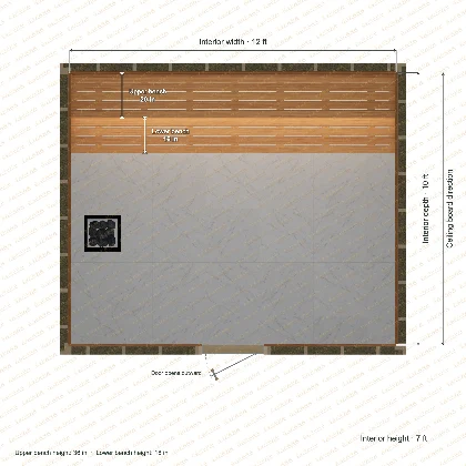 12 × 10 × 7 ft indoor sauna with straight benches, clear cedar top plan with room and bench dimensions