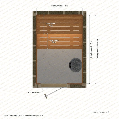 4 × 6 × 7 ft indoor sauna with straight benches, clear cedar top plan with room and bench dimensions