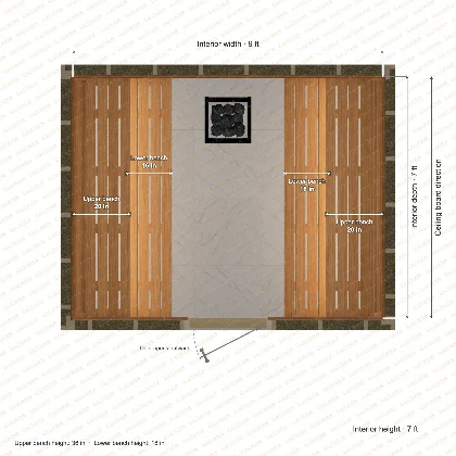 9 × 7 × 7 ft indoor sauna with opposing side benches, clear cedar top plan with room and bench dimensions