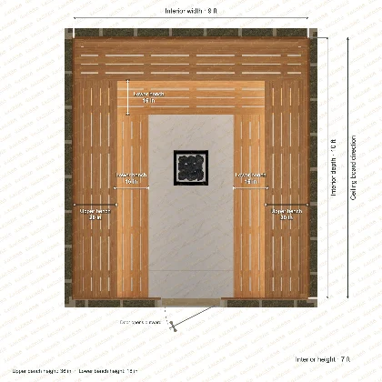9 × 10 × 7 ft indoor sauna with u-shaped benches, clear cedar top plan with room and bench dimensions