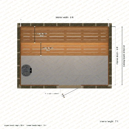 9 × 6 × 7 ft indoor sauna with straight benches, clear cedar top plan with room and bench dimensions