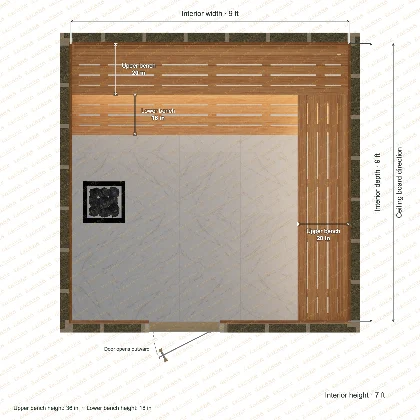 9 × 9 × 7 ft indoor sauna with upper l-shaped benches, clear cedar top plan with room and bench dimensions