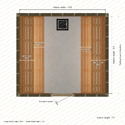10 × 9 × 7 ft indoor sauna with opposing side benches, clear cedar top plan with room and bench dimensions