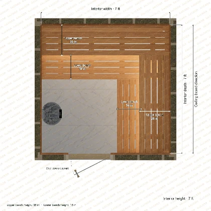 7 × 7 ft clear cedar sauna with upper and lower L-shaped benches, viewed from above