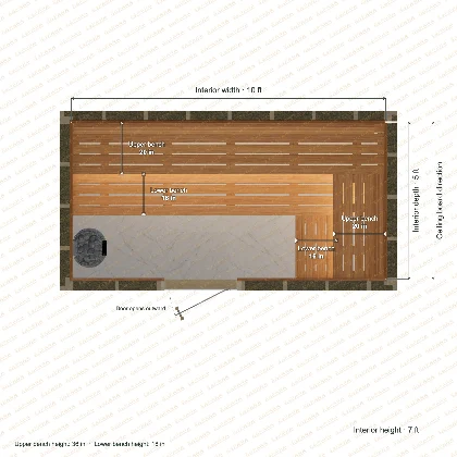 10 × 5 × 7 ft indoor sauna with upper & lower l-shaped benches, clear cedar top plan with room and bench dimensions