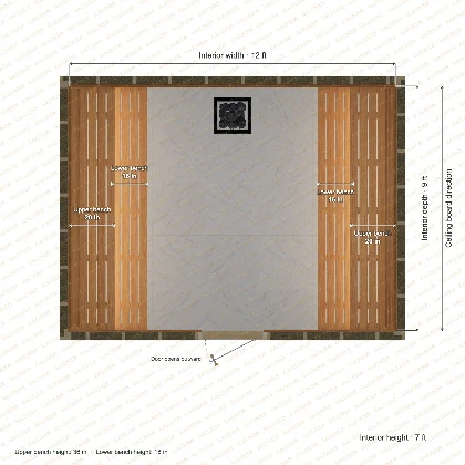 12 × 9 × 7 ft indoor sauna with opposing side benches, clear cedar top plan with room and bench dimensions