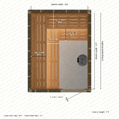 6 × 8 × 7 ft indoor sauna with upper & lower l-shaped benches, clear cedar top plan with room and bench dimensions