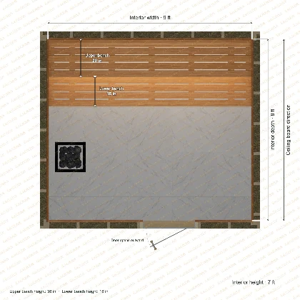 9 × 8 × 7 ft indoor sauna with straight benches, clear cedar top plan with room and bench dimensions