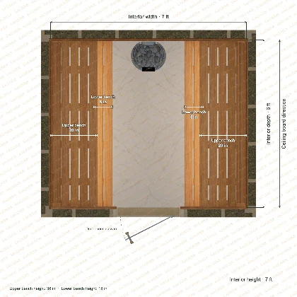 7 × 6 × 7 ft indoor sauna with opposing side benches, clear cedar top plan with room and bench dimensions