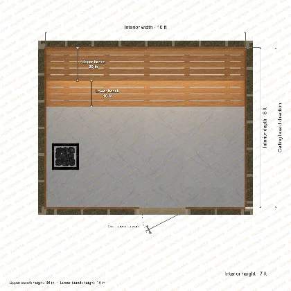 10 × 8 × 7 ft indoor sauna with straight benches, clear cedar top plan with room and bench dimensions