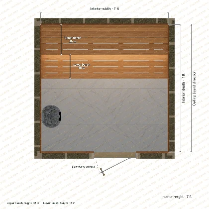 7 × 7 × 7 ft indoor sauna with straight benches, clear cedar top plan with room and bench dimensions