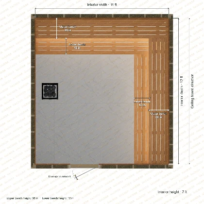 11 × 12 × 7 ft indoor sauna with upper & lower l-shaped benches, clear cedar top plan with room and bench dimensions