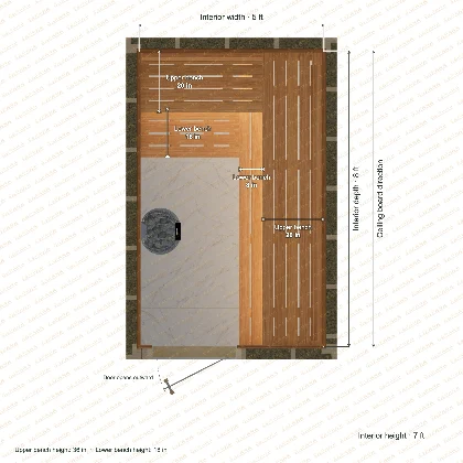 5 × 8 × 7 ft indoor sauna with upper & lower l-shaped benches, clear cedar top plan with room and bench dimensions