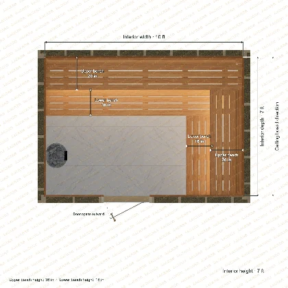 10 × 7 × 7 ft indoor sauna with upper & lower l-shaped benches, clear cedar top plan with room and bench dimensions