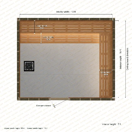 12 × 10 × 7 ft indoor sauna with upper l-shaped benches, clear cedar top plan with room and bench dimensions