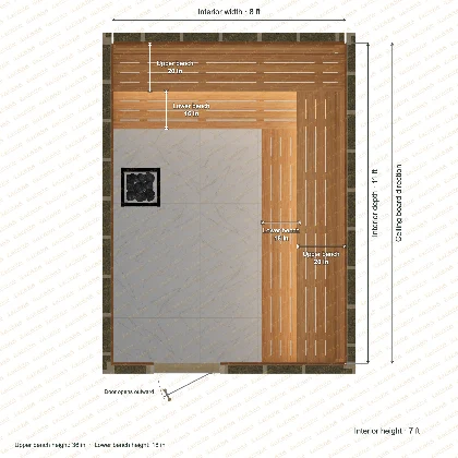 8 × 11 × 7 ft indoor sauna with upper & lower l-shaped benches, clear cedar top plan with room and bench dimensions