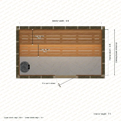 9 × 5 × 7 ft indoor sauna with straight benches, clear cedar top plan with room and bench dimensions