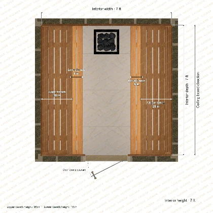 7 × 7 × 7 ft indoor sauna with opposing side benches, clear cedar top plan with room and bench dimensions