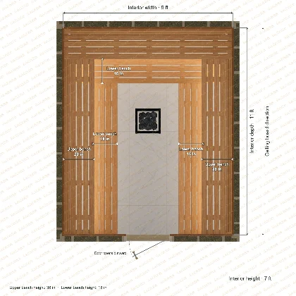 9 × 11 × 7 ft indoor sauna with u-shaped benches, clear cedar top plan with room and bench dimensions