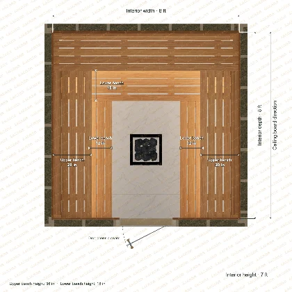 8 × 8 × 7 ft indoor sauna with u-shaped benches, clear cedar top plan with room and bench dimensions