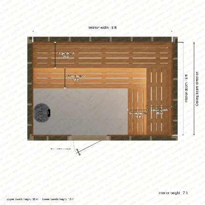 9 × 6 × 7 ft indoor sauna with upper & lower l-shaped benches, clear cedar top plan with room and bench dimensions