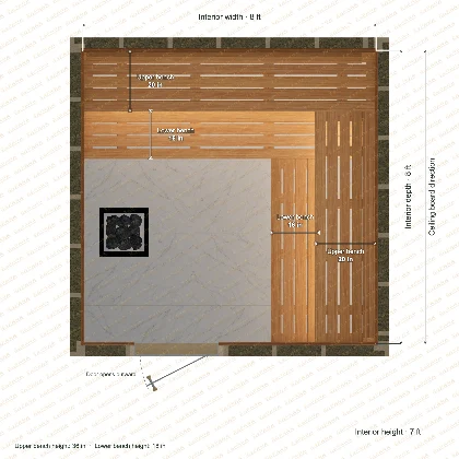 8 × 8 × 7 ft indoor sauna with upper & lower l-shaped benches, clear cedar top plan with room and bench dimensions