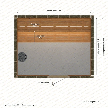9 × 7 × 7 ft indoor sauna with straight benches, clear cedar top plan with room and bench dimensions