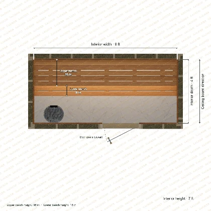 9 × 4 × 7 ft indoor sauna with straight benches, clear cedar top plan with room and bench dimensions