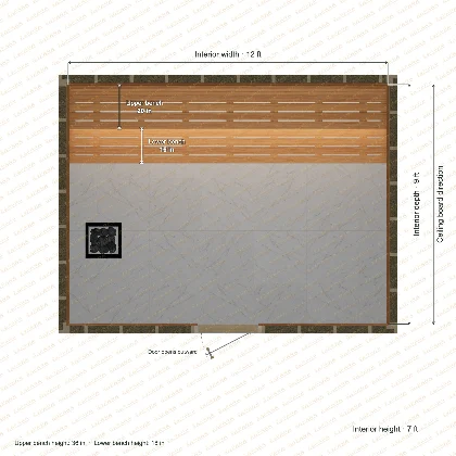 12 × 9 × 7 ft indoor sauna with straight benches, clear cedar top plan with room and bench dimensions