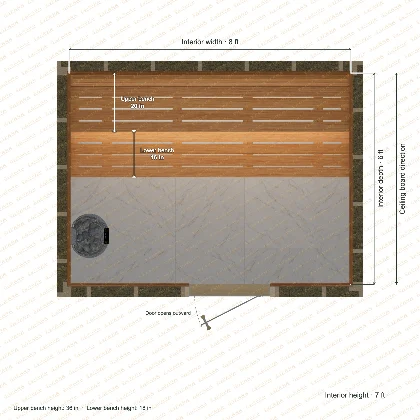 8 × 6 × 7 ft indoor sauna with straight benches, clear cedar top plan with room and bench dimensions