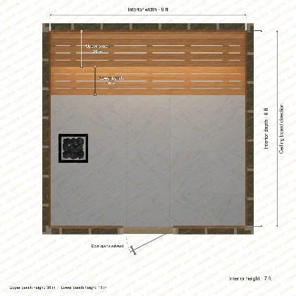 9 × 9 × 7 ft indoor sauna with straight benches, clear cedar top plan with room and bench dimensions