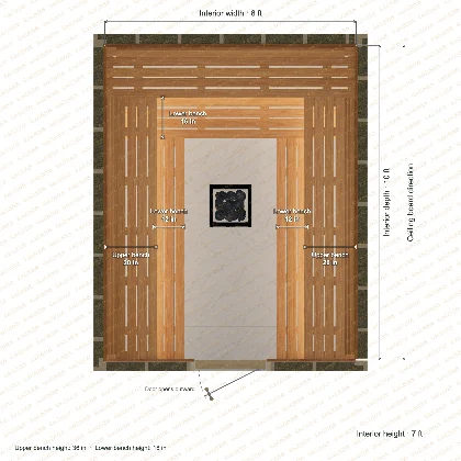 8 × 10 × 7 ft indoor sauna with u-shaped benches, clear cedar top plan with room and bench dimensions