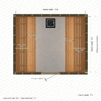 10 × 8 × 7 ft indoor sauna with opposing side benches, clear cedar top plan with room and bench dimensions