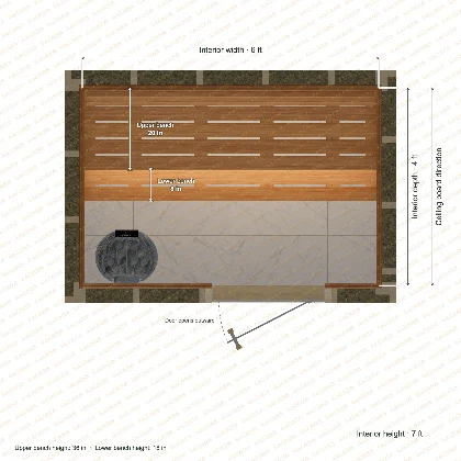 6 × 4 × 7 ft indoor sauna with straight benches, clear cedar top plan with room and bench dimensions